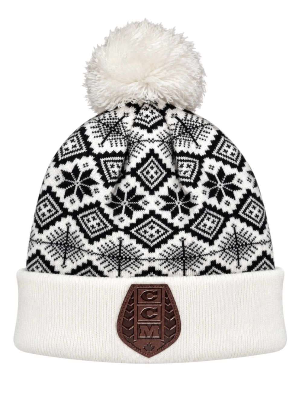 CCM Black White Nordic Fair Isle Fleece Lined Faux Fur Pom Beanie OS